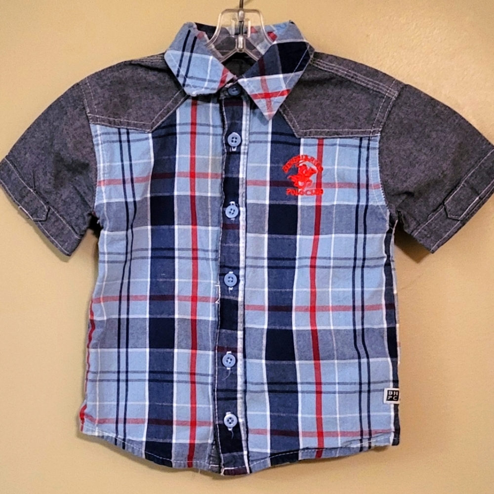 Beverly Hills Polo Club blue/red plaid button down short sleeve shirt